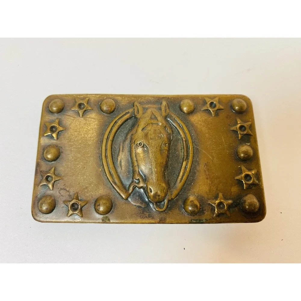 Horse Head Metal Belt Buckle With Stars And Circles Border‎ Vintage